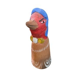 Vintage Mexican Folk Art Clay Red Chicken Handpainted Hand Bell - Oaxaca, Mexico